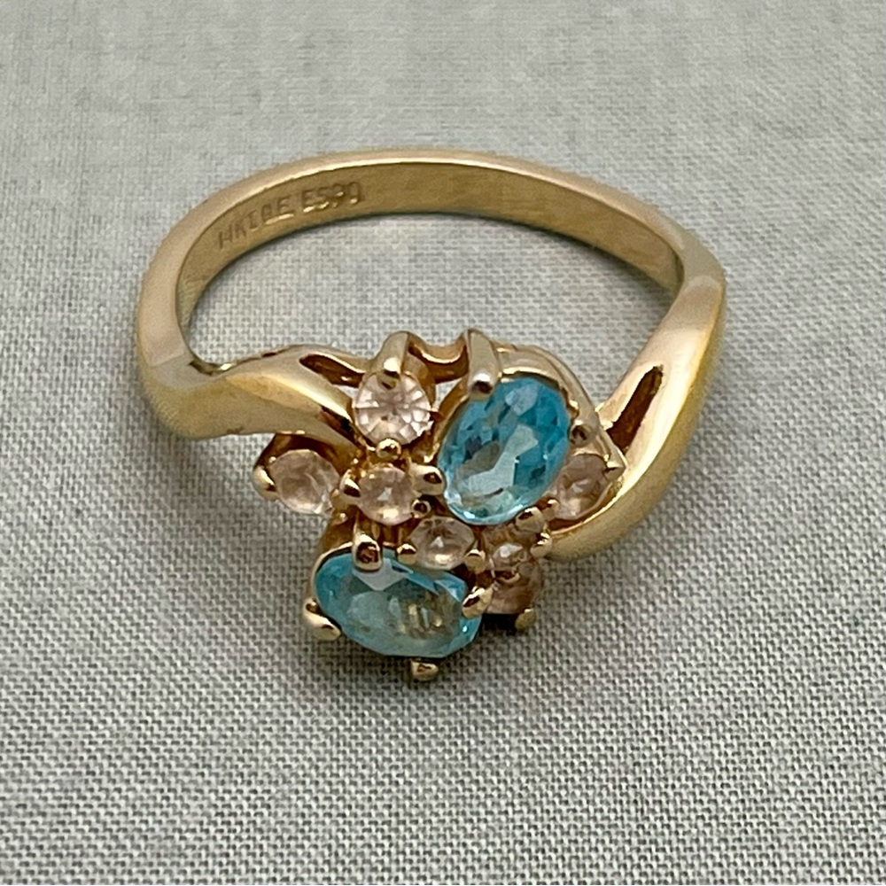 Vintage ESPO 14K Gold Electroplate Blue Glass Floral Cocktail Ring Size 8